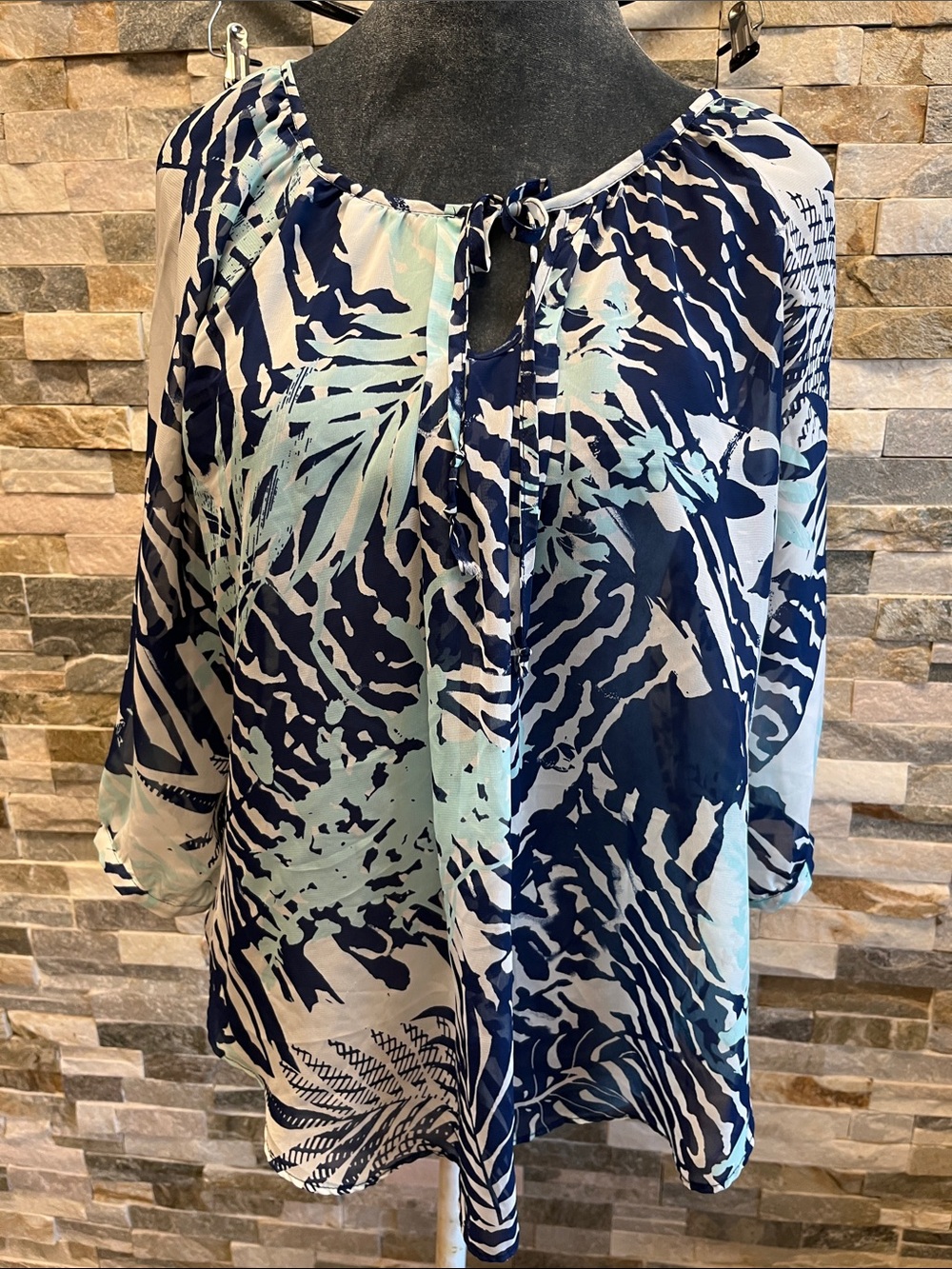 BCX Navy and Light Blue Tie-Neck Peasant Top